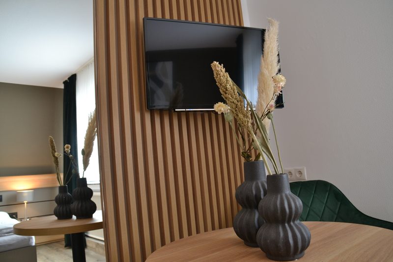 Gästezimmer mit Fernseher und kleiner Sitzecke